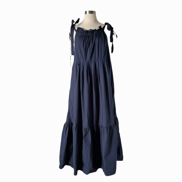 Weekend MaxMara Navy Blue Tiered Cotton Dress 10 Bow Shoulder - Picture 7 of 7
